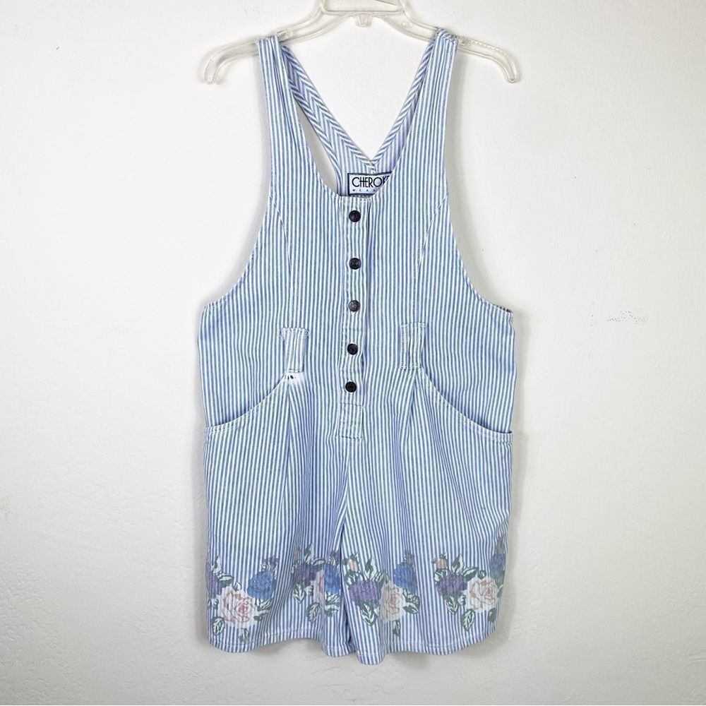 Vintage 90’s Cherokee White & Blue Striped Floral Shortalls Overalls